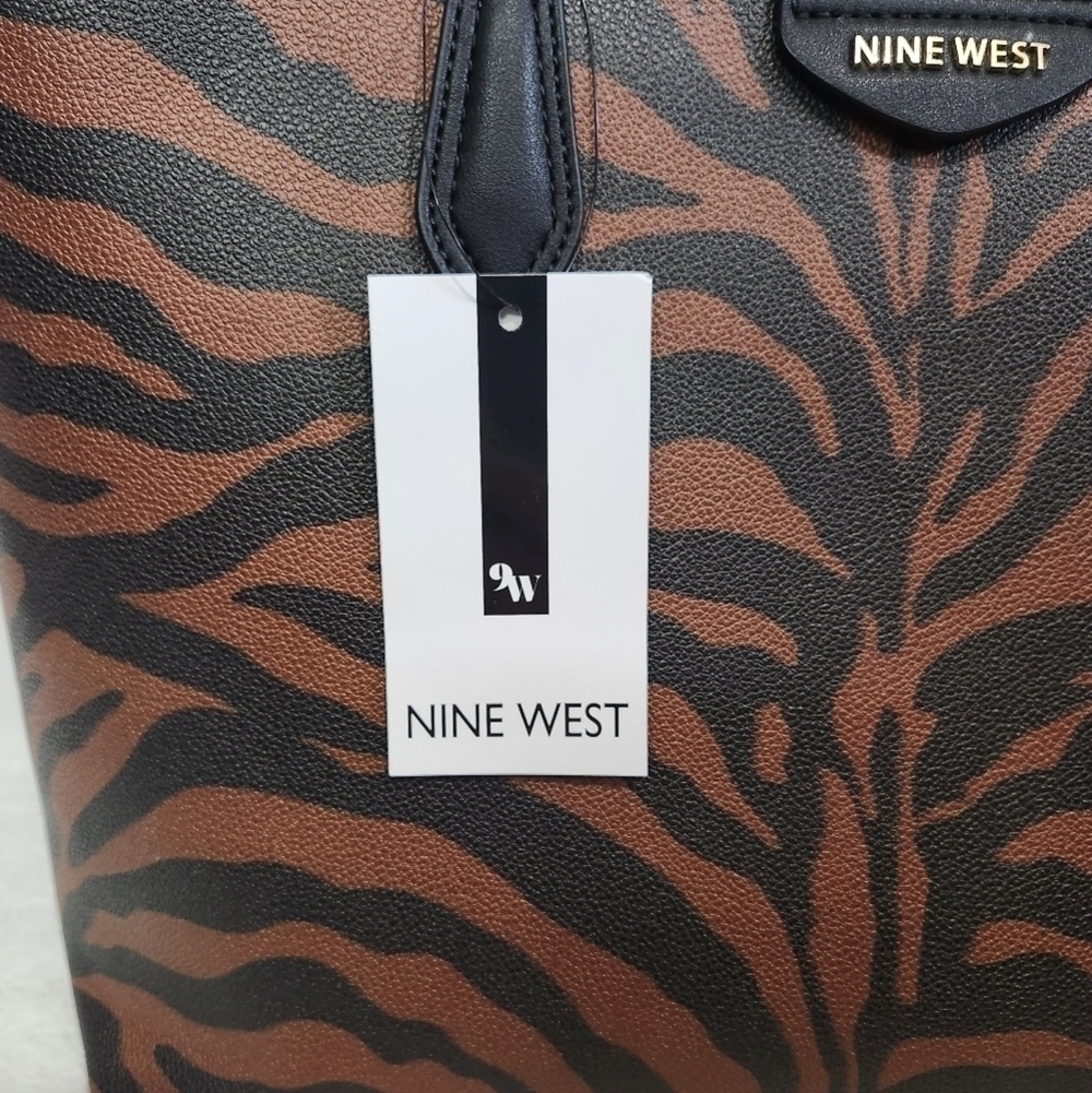 Nine West Landyn Black Saddle Tan Zebra Tote Shoulder Bag Purse - Picture 12 of 16
